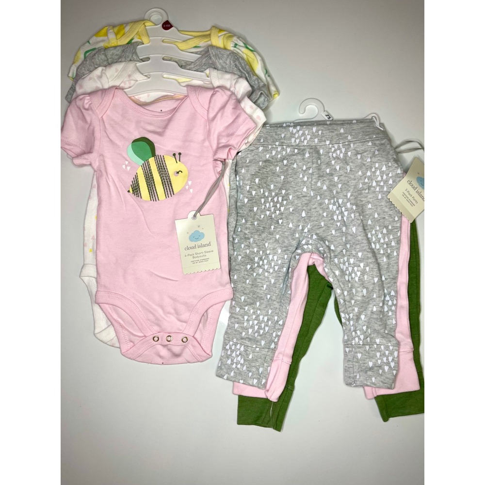 Cloud Island Baby Girls 7pc Set 4 Bodysuits 3 Pants Bee Lemon Hearts Pink 3-6M